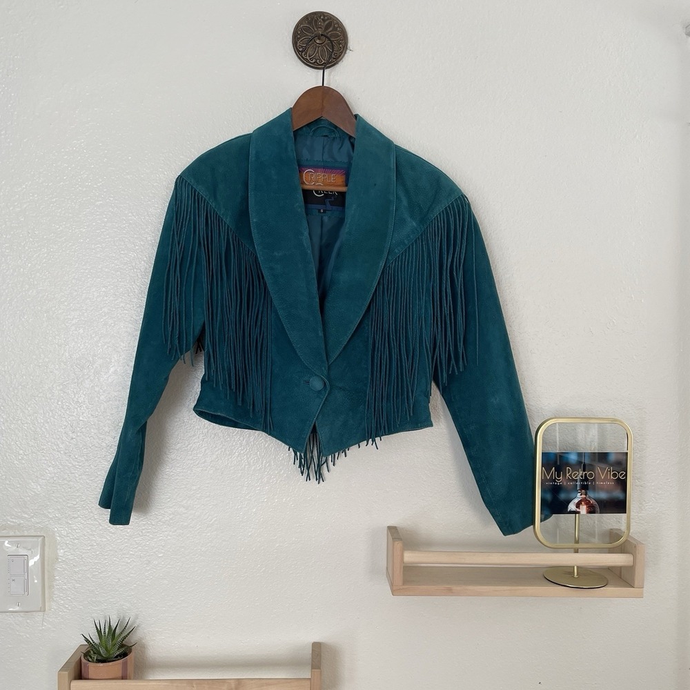 Cripple Creek Vintage Teal Suede Fringe Jacket - Cropped Shawl Collar